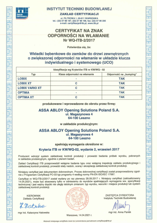 Optima XT certyfikat ITB.png